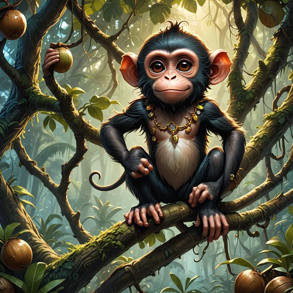 Fantasy cute Monkey with big chibi eyes hanging in a tree, c...