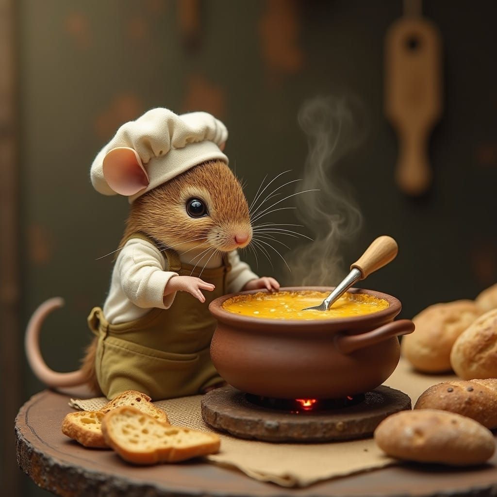 Tiny mouse chef cooking cheese fondue  by @KRoseCarol