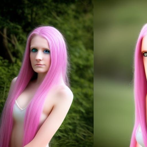 Elf, young woman, long hair, pink hair, tan, ivory, blue eye...