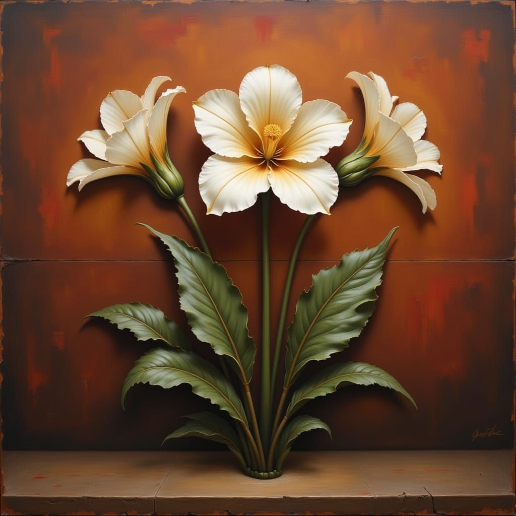 Surrealistic Still Life with Vibrant Floral Bloom