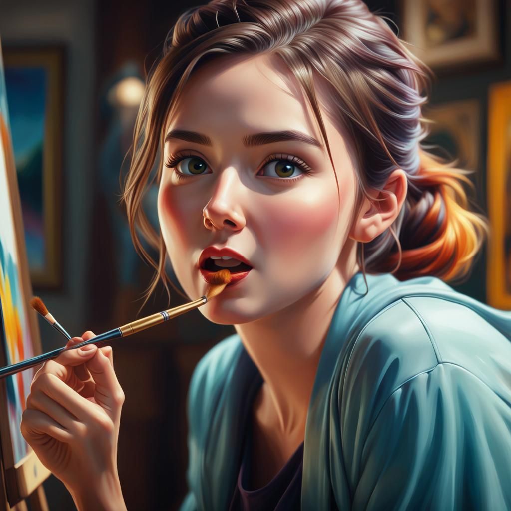 Artistic works, Foto Realistica pittrice ritrae se stessa , ...
