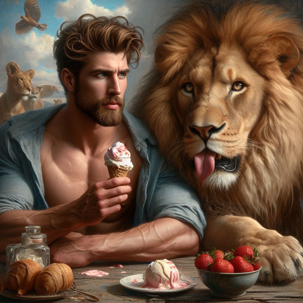 Savage man eating ice cream