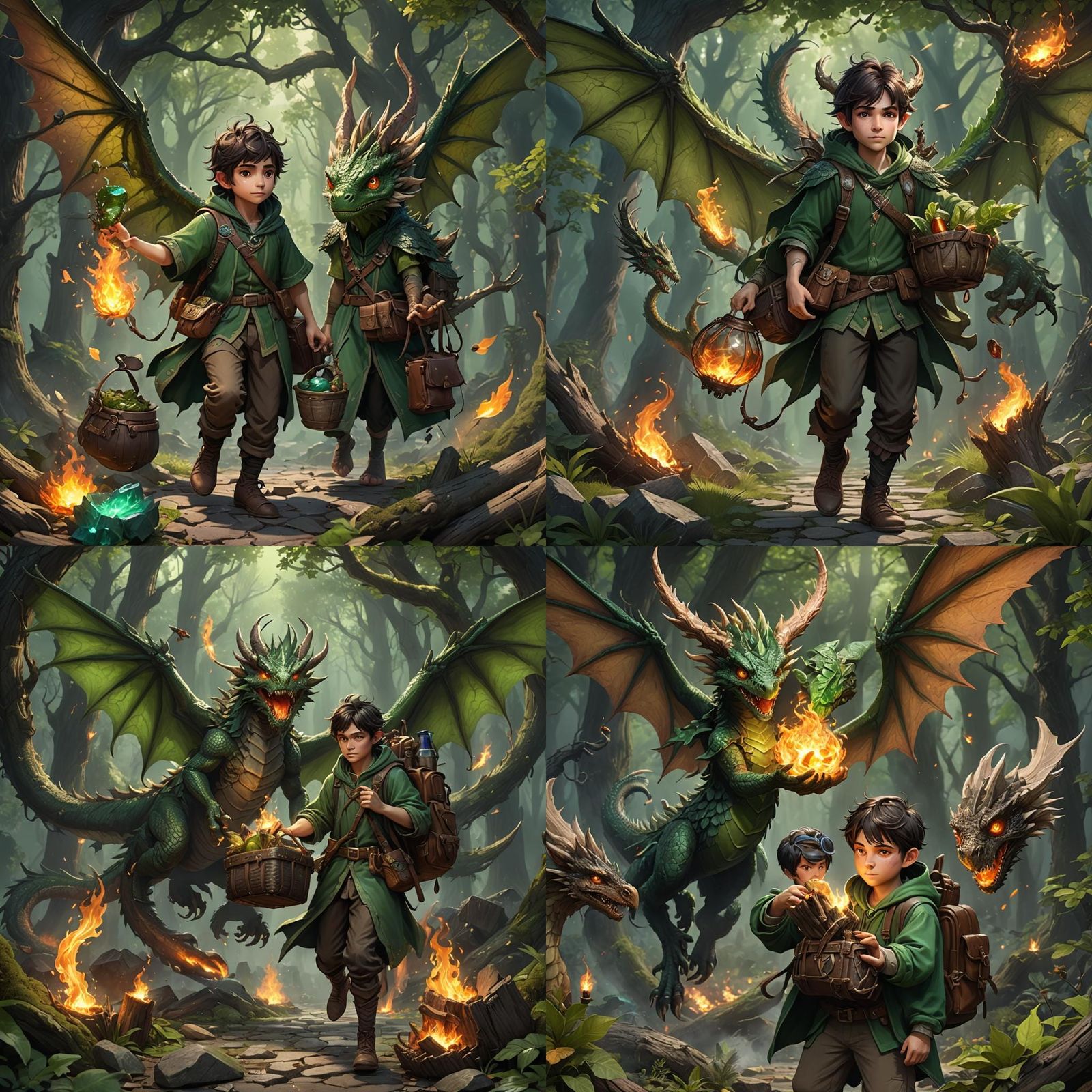 Half fairy druid boy with dark brown hair green clothes fles...
