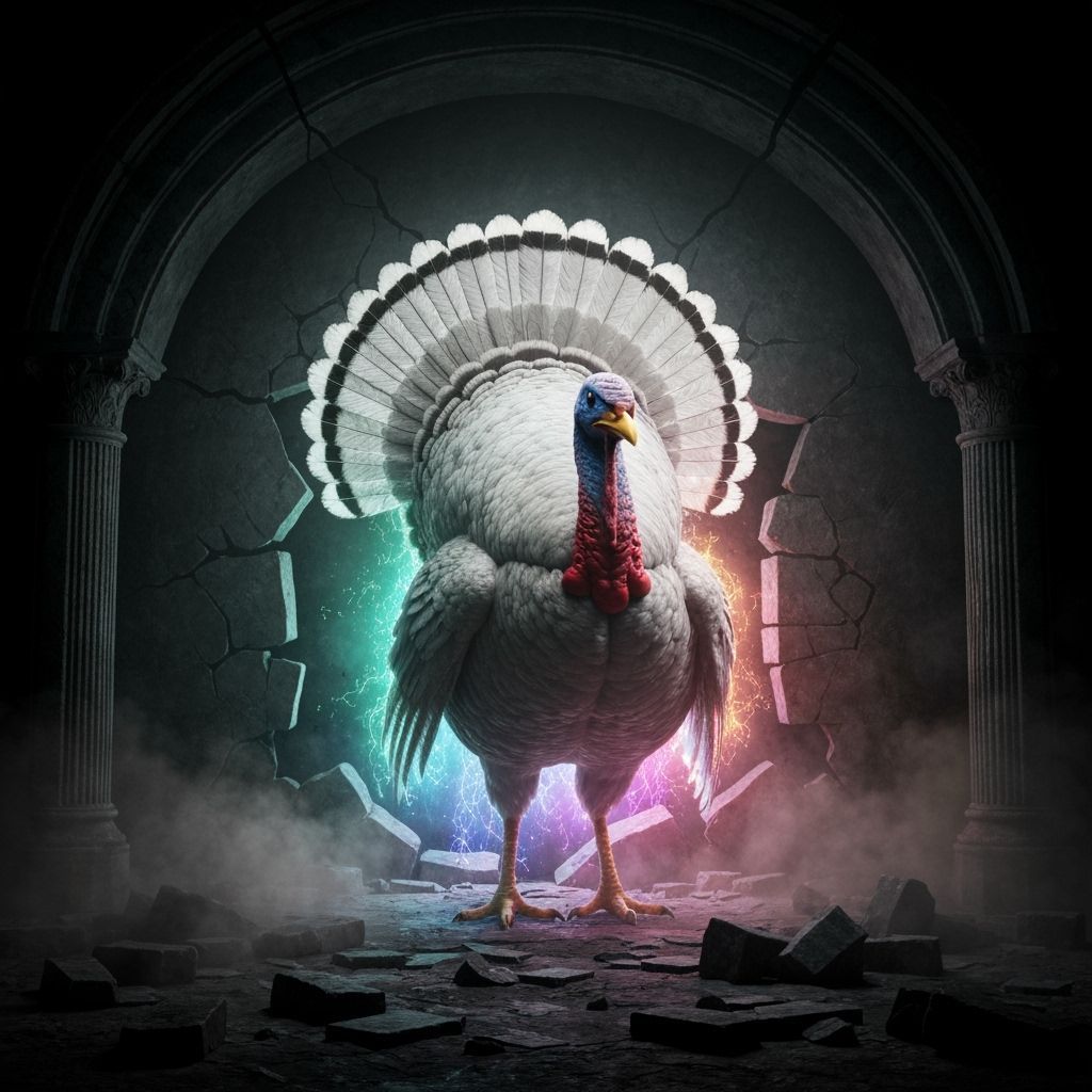 A colossal, spectral turkey, its feathers shimmering with ethereal energy, emerges from a fractured tomb with minions of turkeys with no feathers or heads turkeys revenge is about to commence 