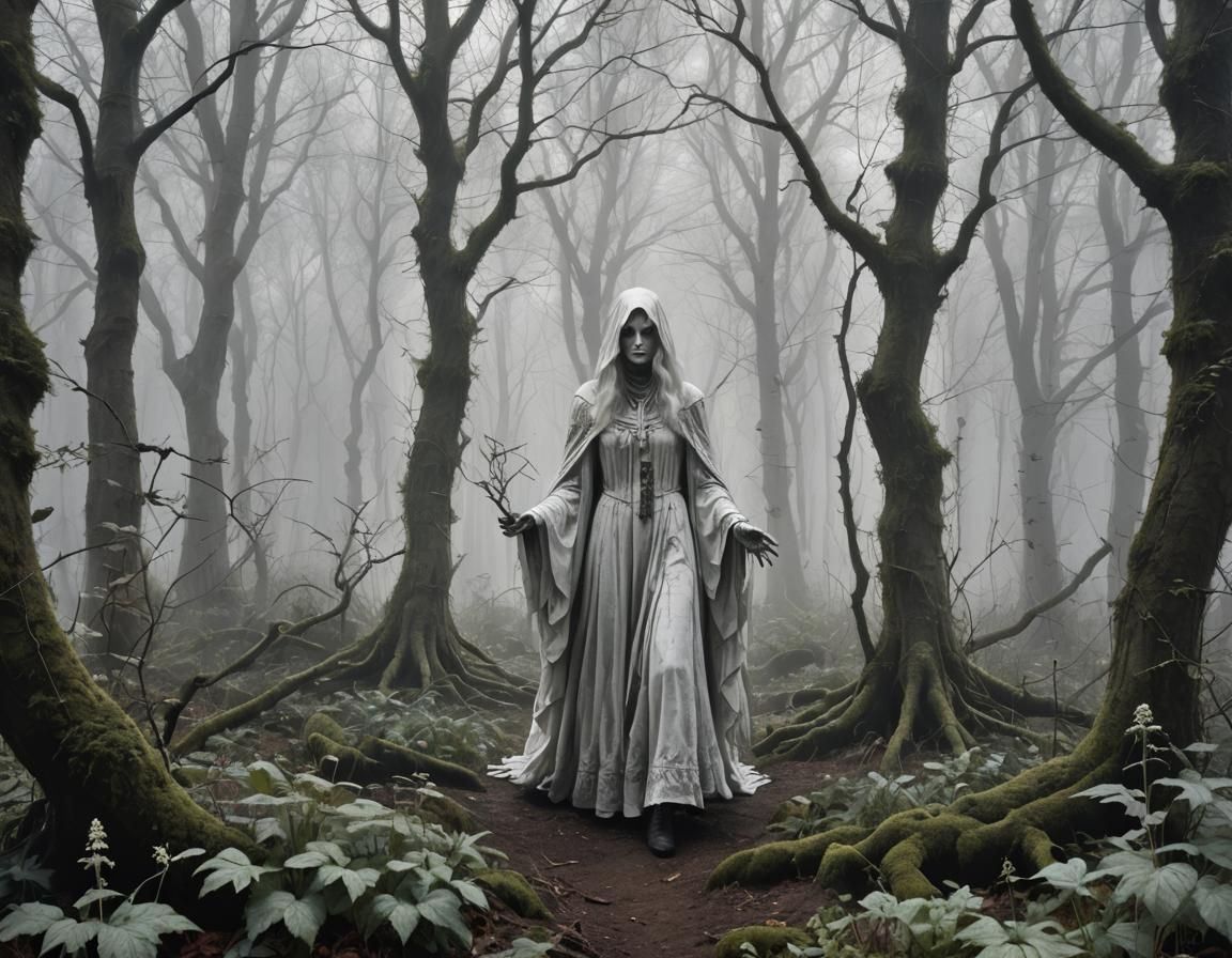 eerie ghostly haunted woods all white and light grey foggy m...