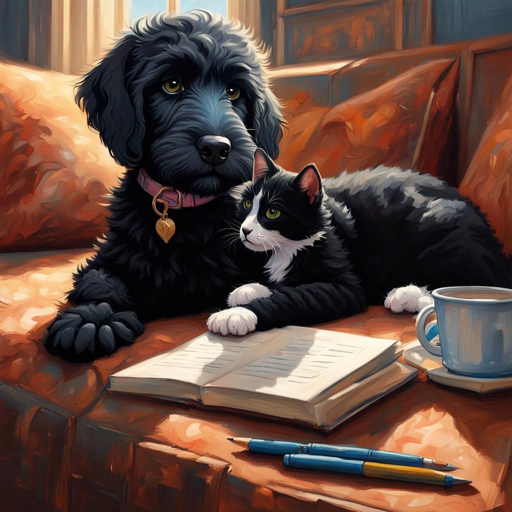 cute black labradoodle puppy and a tuxedo short haired cat laying down together in a warm cozy sunlit ...  by @Brendon Dixon