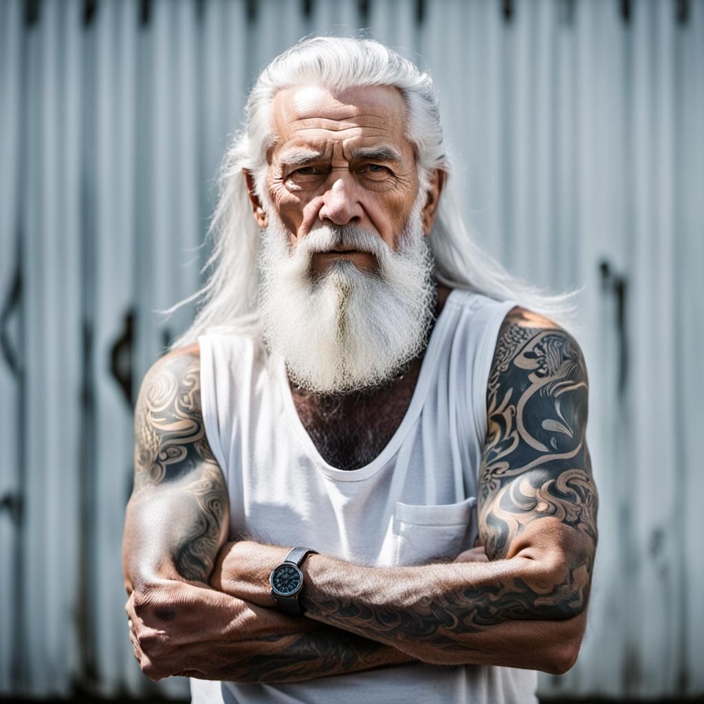 A heavily tattooed older man