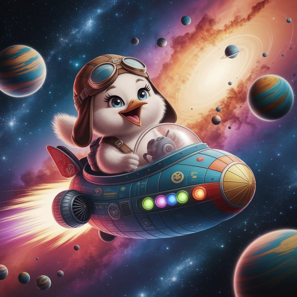 Bird Pilot Soaring Through Nebula in Spaceship