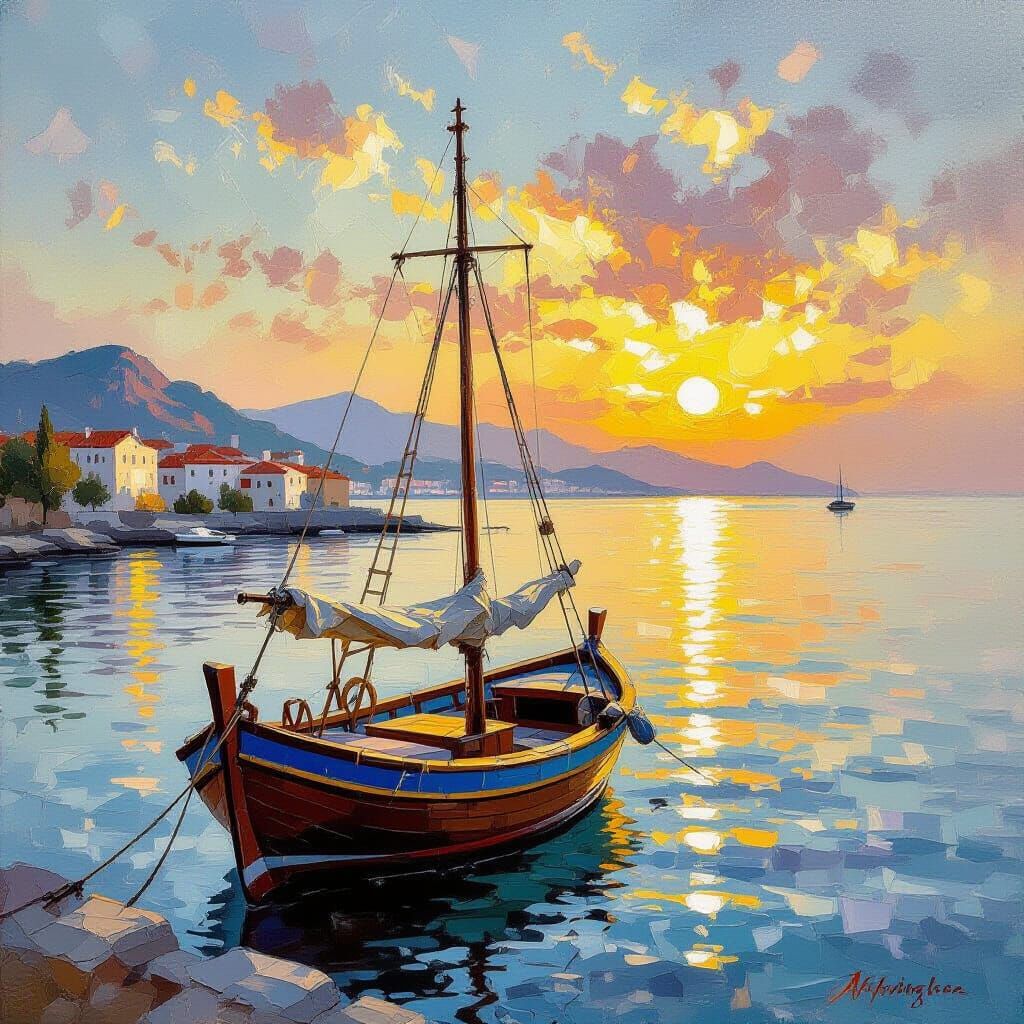 Tranquil Sunset Over Magical Beach and Small Wooden Boat