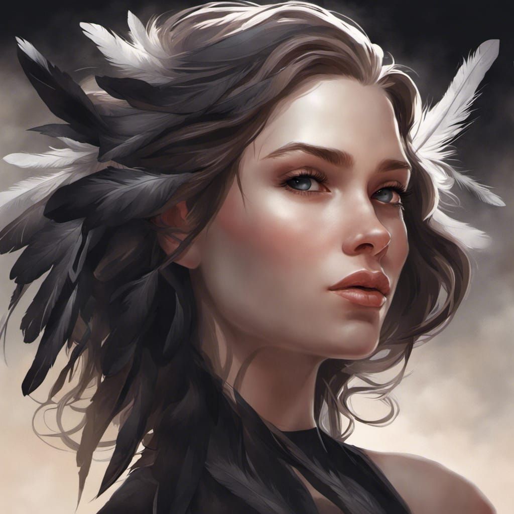 feathers hair, female, black dress, pale skin, glowing eyes,...