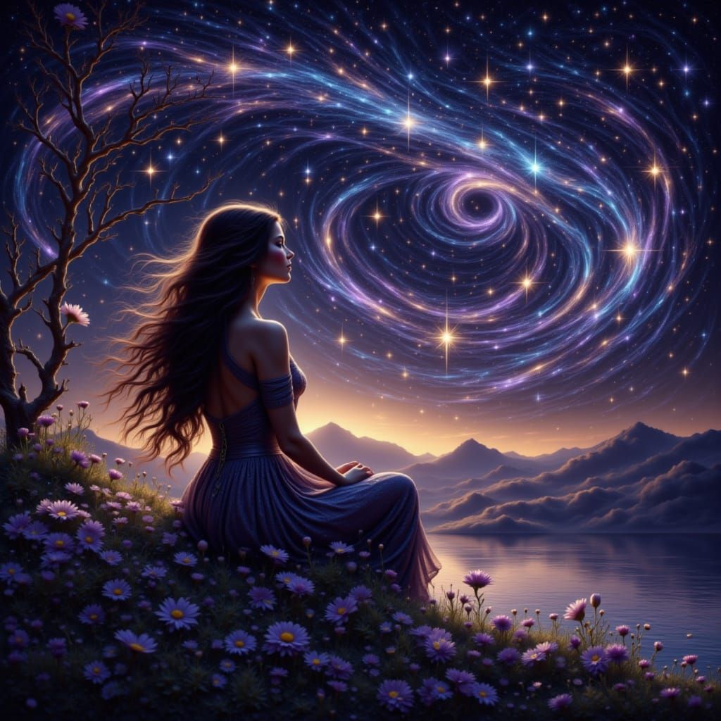 She watches the cosmic tide with stars eyes <lora:Stellar Beauty:1.0>