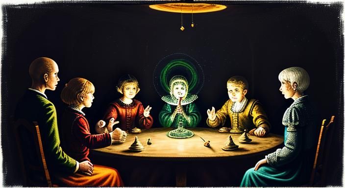 five people in a dimly lit old fashioned room sitting around...