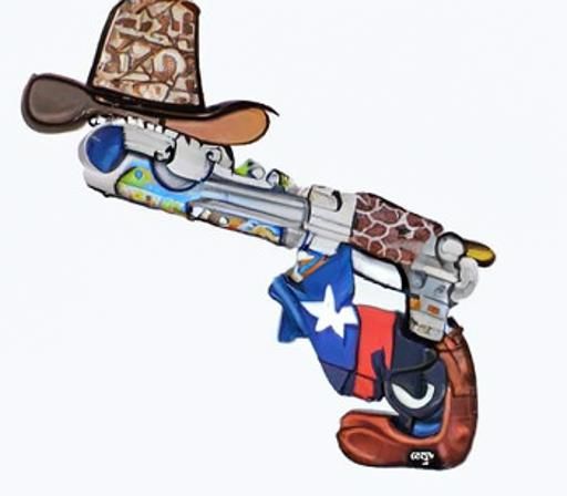 cartoon gun wearing a cowboy hat and a texas bandana