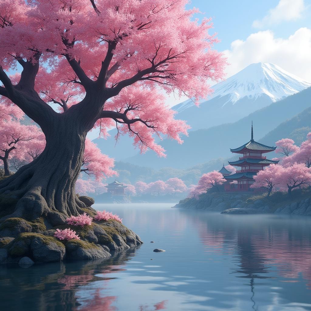 Sakura Tree Reflected in Lake: Fantasy Concept Art