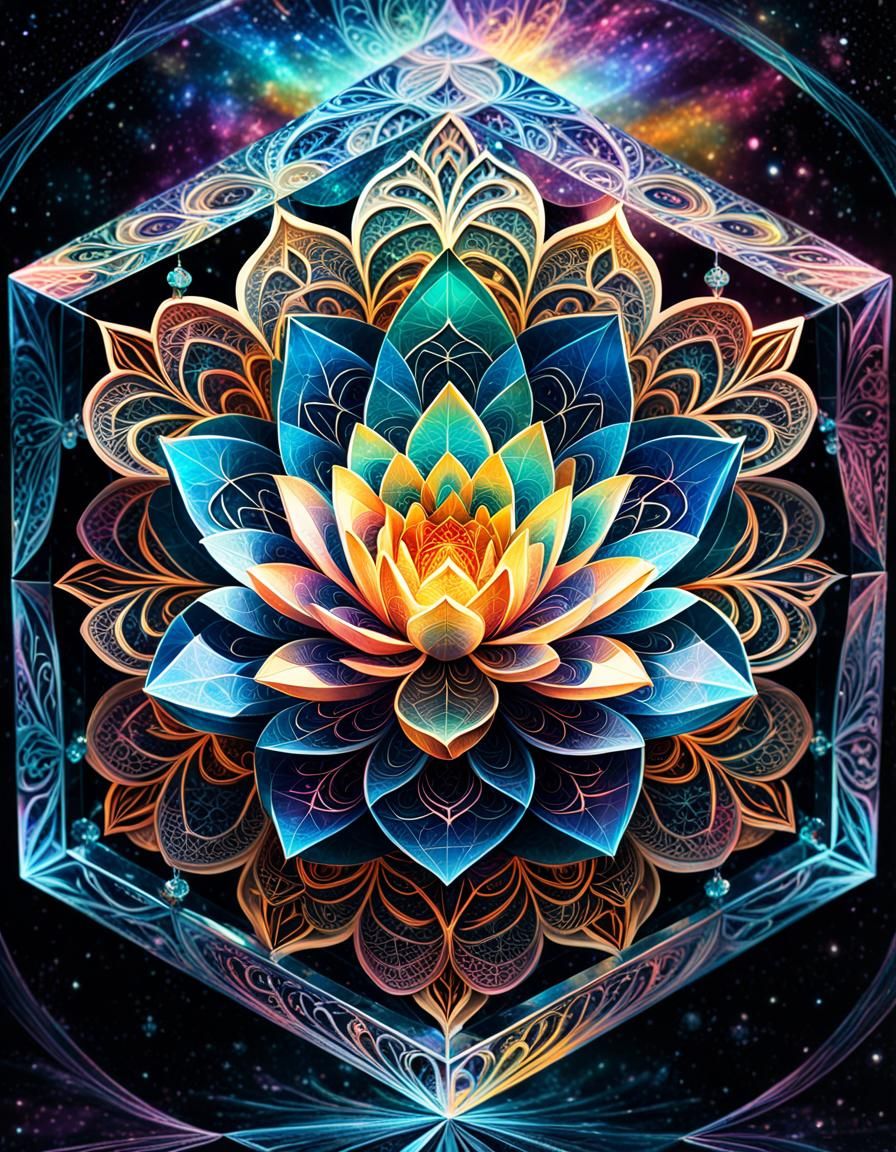 Ethereal Harmony: Lotus Mandala in Crystal Cube  by @Heralyn