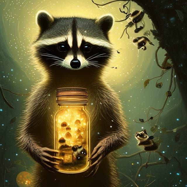 Cute little Raccoon, with a glowing jar full of fireflies, a highly intricate and hyperdetailed matte ... false