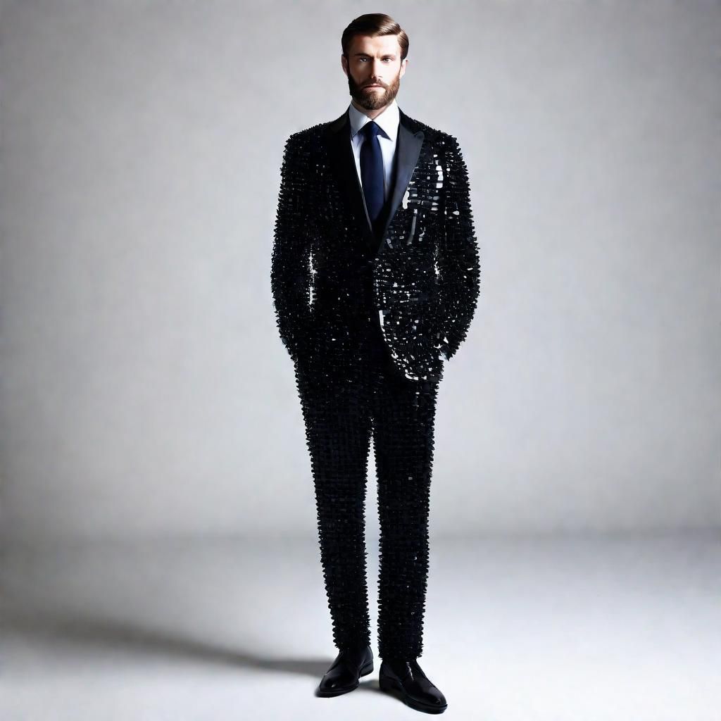 Man wearing a suit made entirely out of obsidian