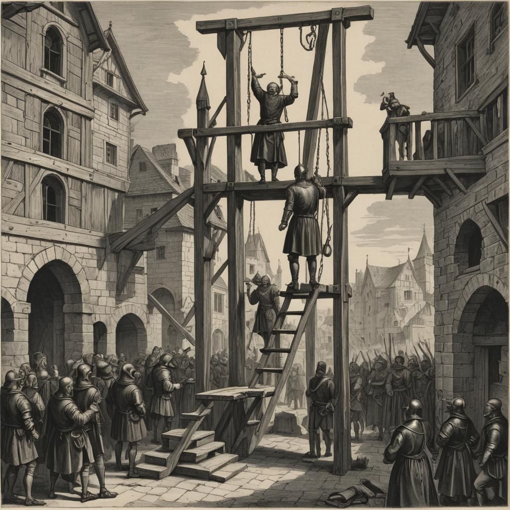 Court day in the Middle Ages, gallows, condemned man climbs ...