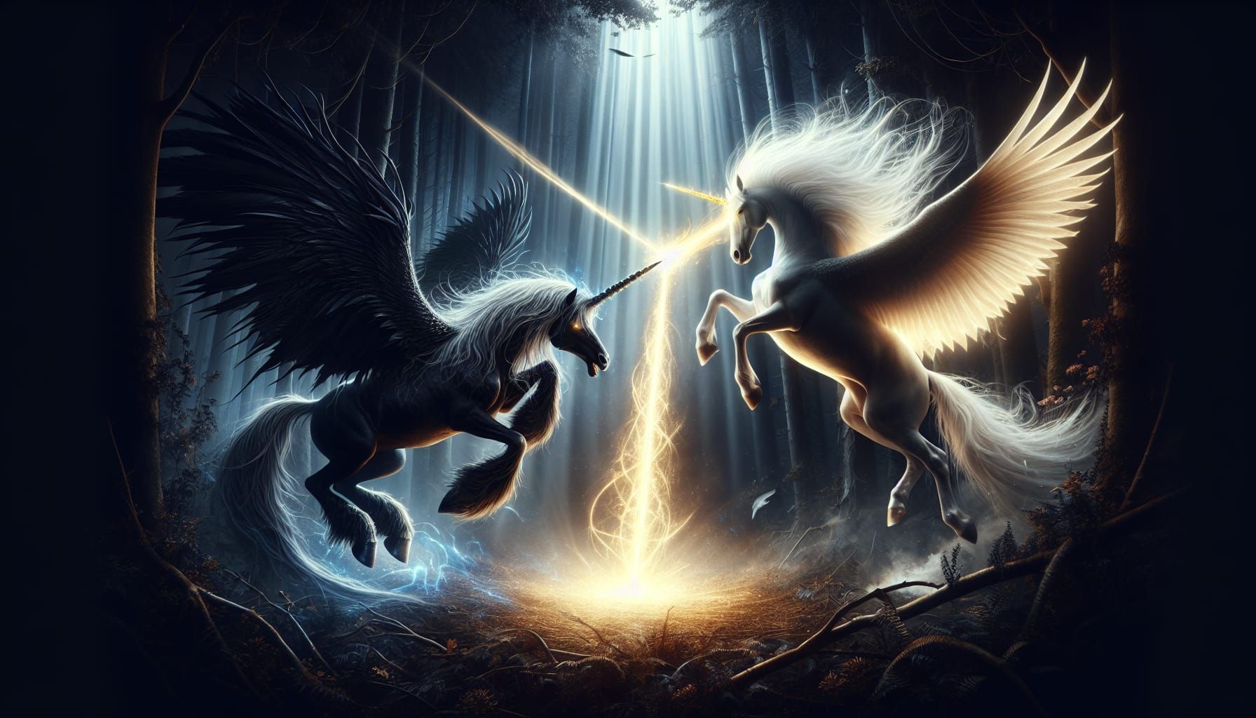 Dark fantasy art of one silky evil black unicorn and one pure white gland gold unicorn fighting in a magic battle, magic beams zipping throu...