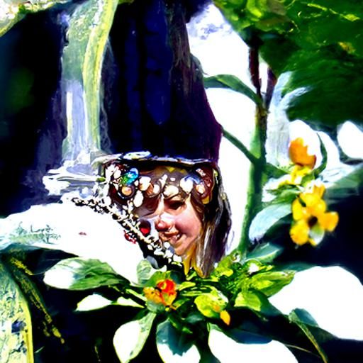 Pretty girl wears a beautiful jewelled crown in a flowery ga...