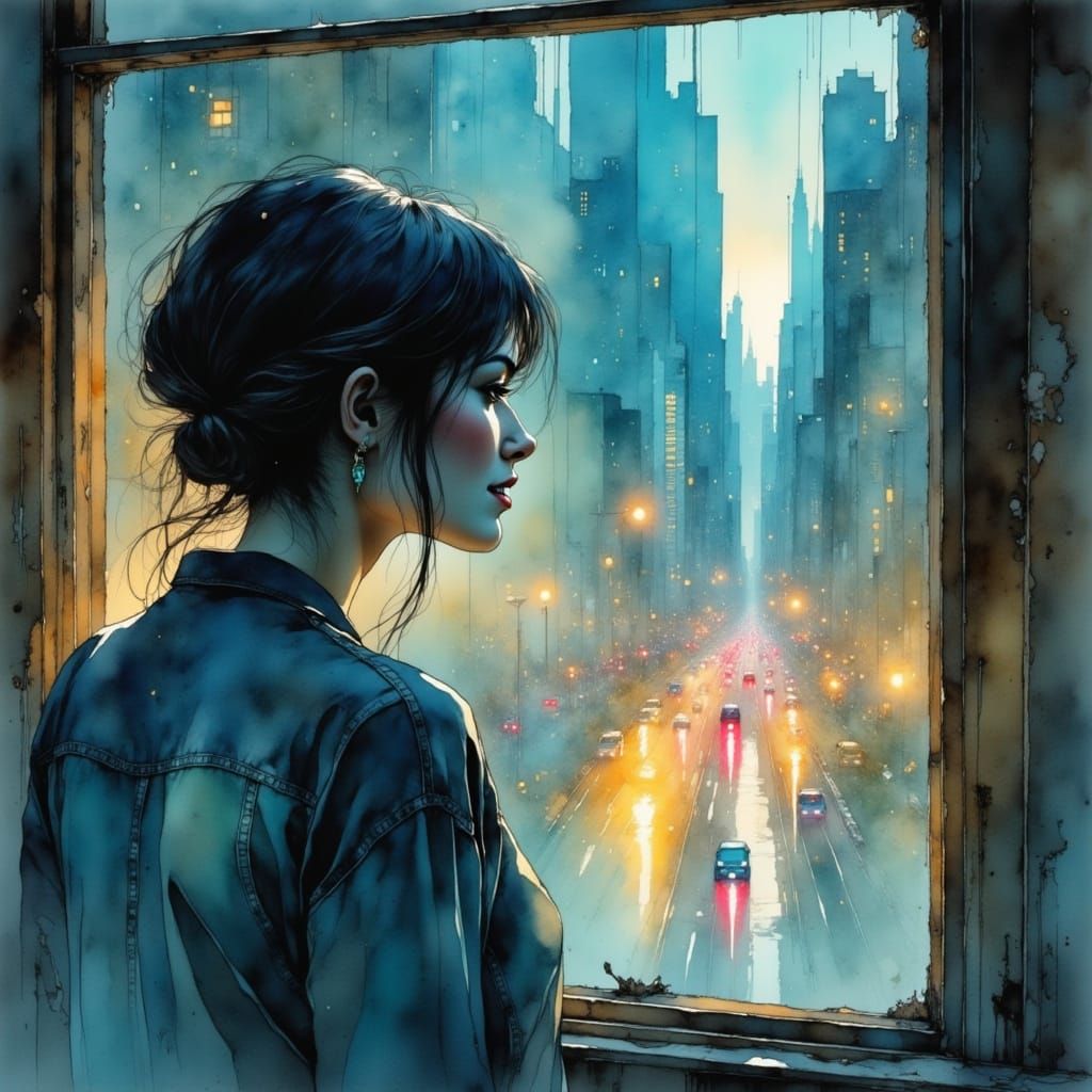 Dreamy Cityscape at Dusk in Watercolor and Ink