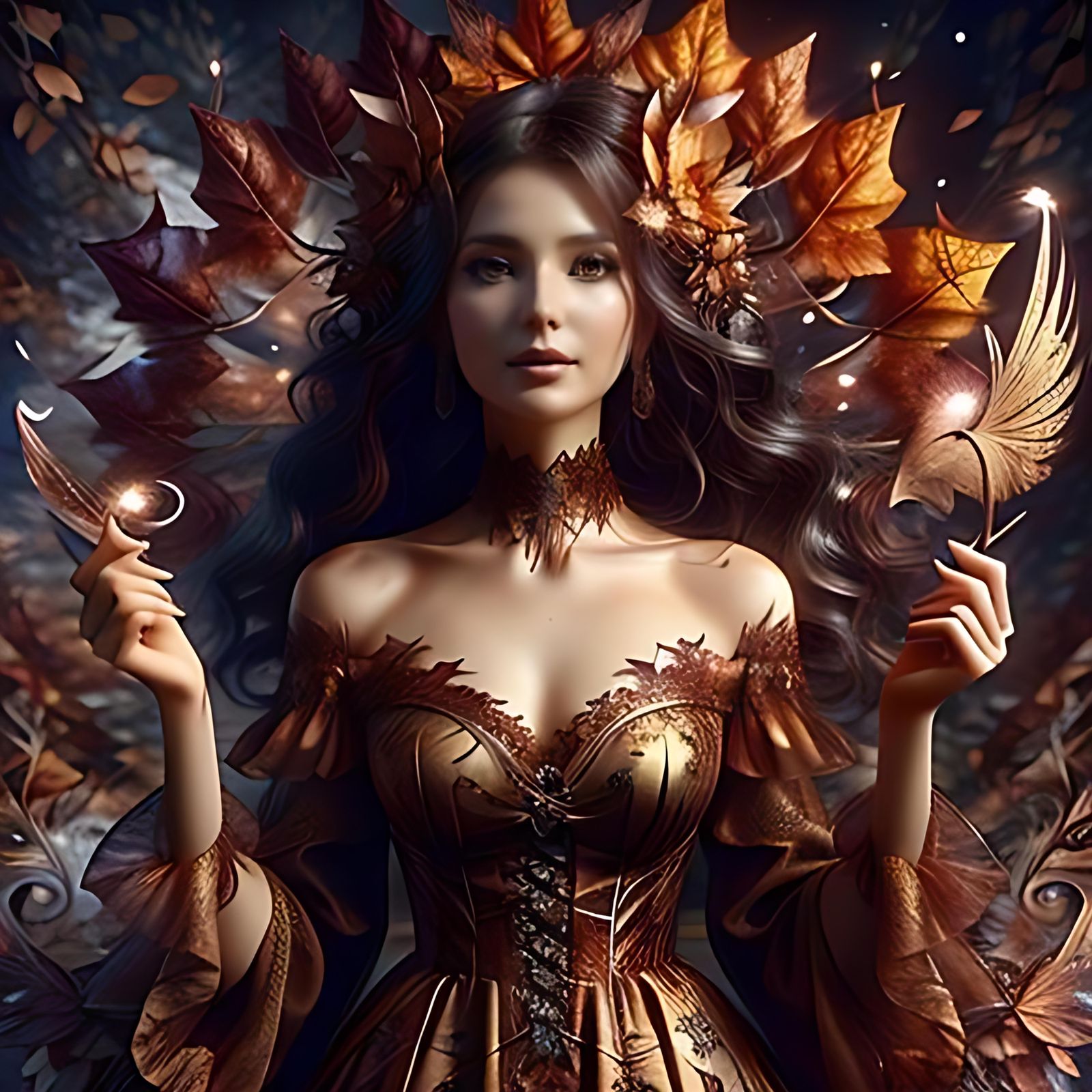 Person in a dress made out of autumn leaves