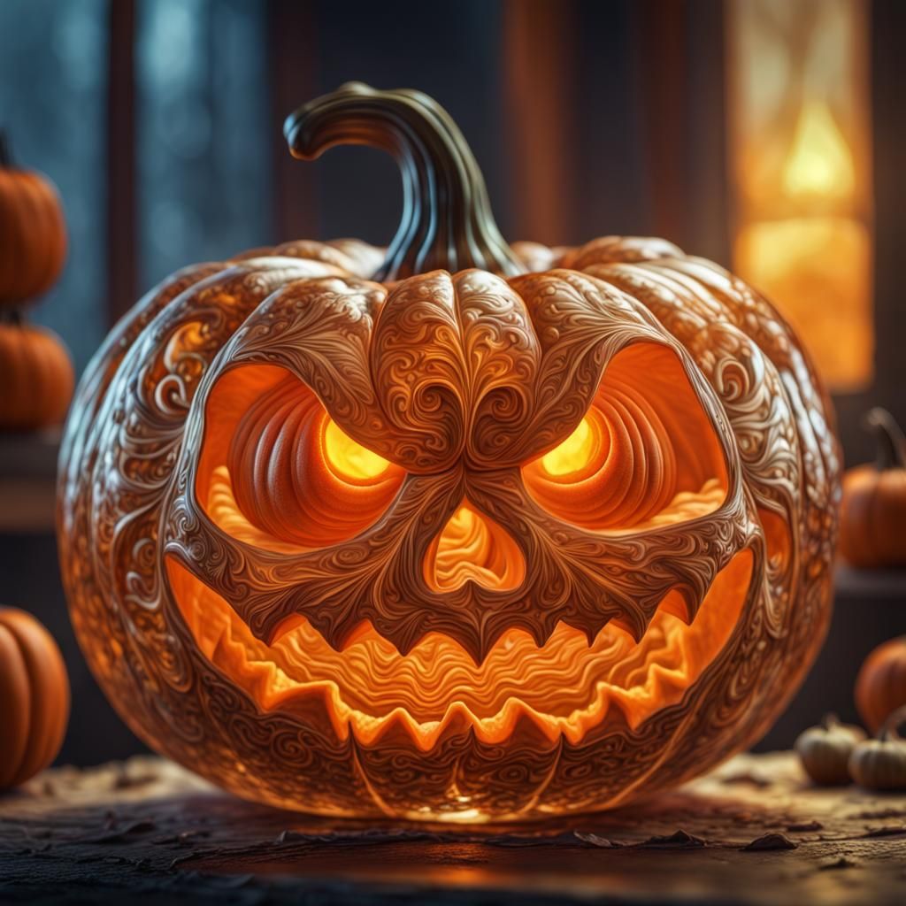 Glass carved pumpkin. HDR. Macro lens. 64 Megapixels. finalRender.  Epic cinematic brilliant stunning ...  by @SgtHetfield