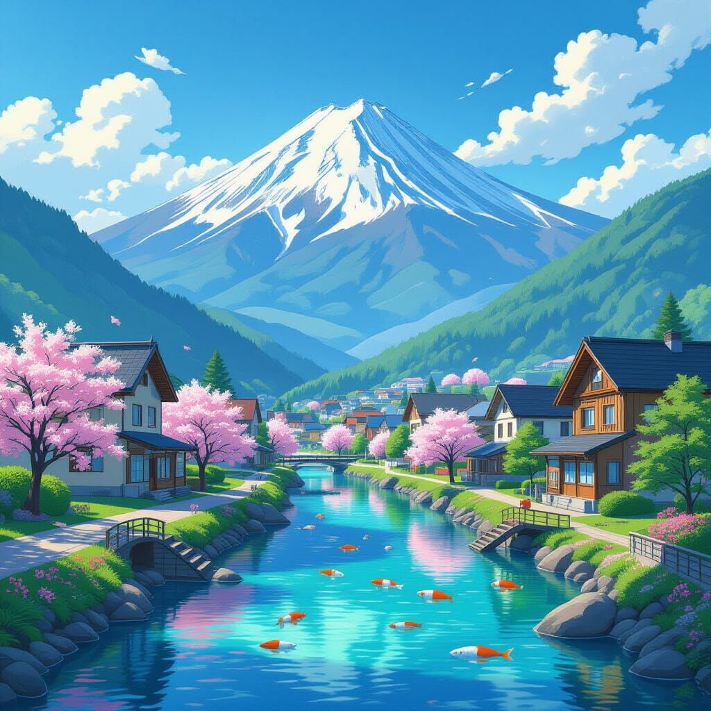 Mountain Village Scene in Digital Art Style