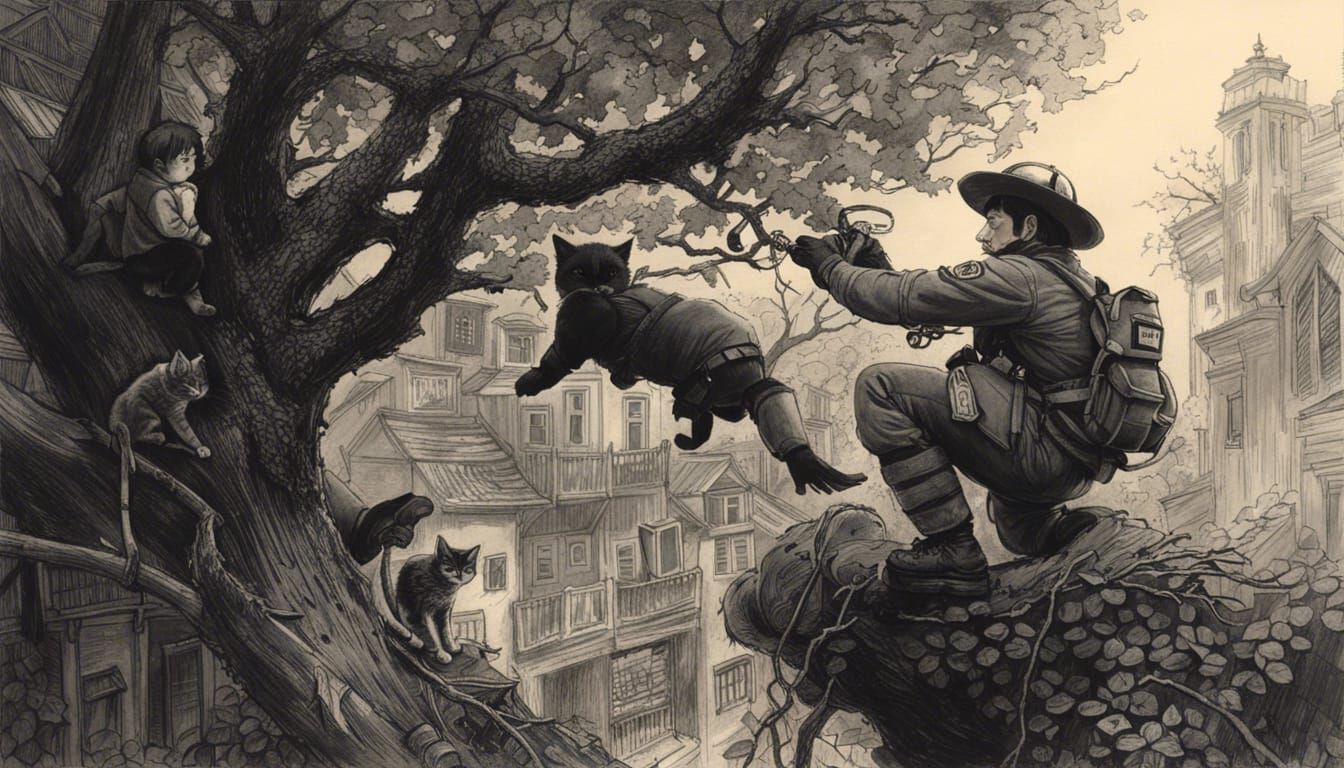 Firefighter saving a kitten in a tree, insanely detailed, Ya...