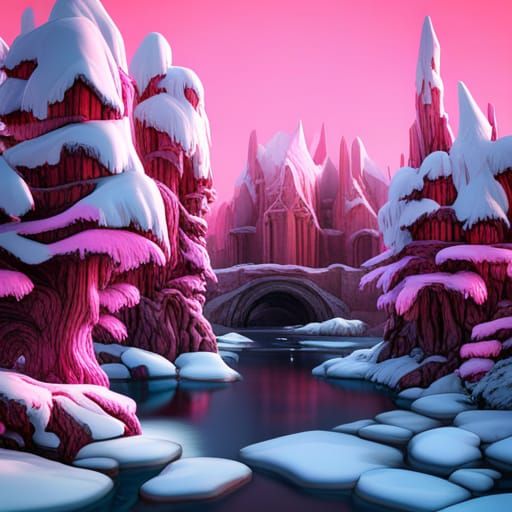 ice castle with pink trees and a pond and snow