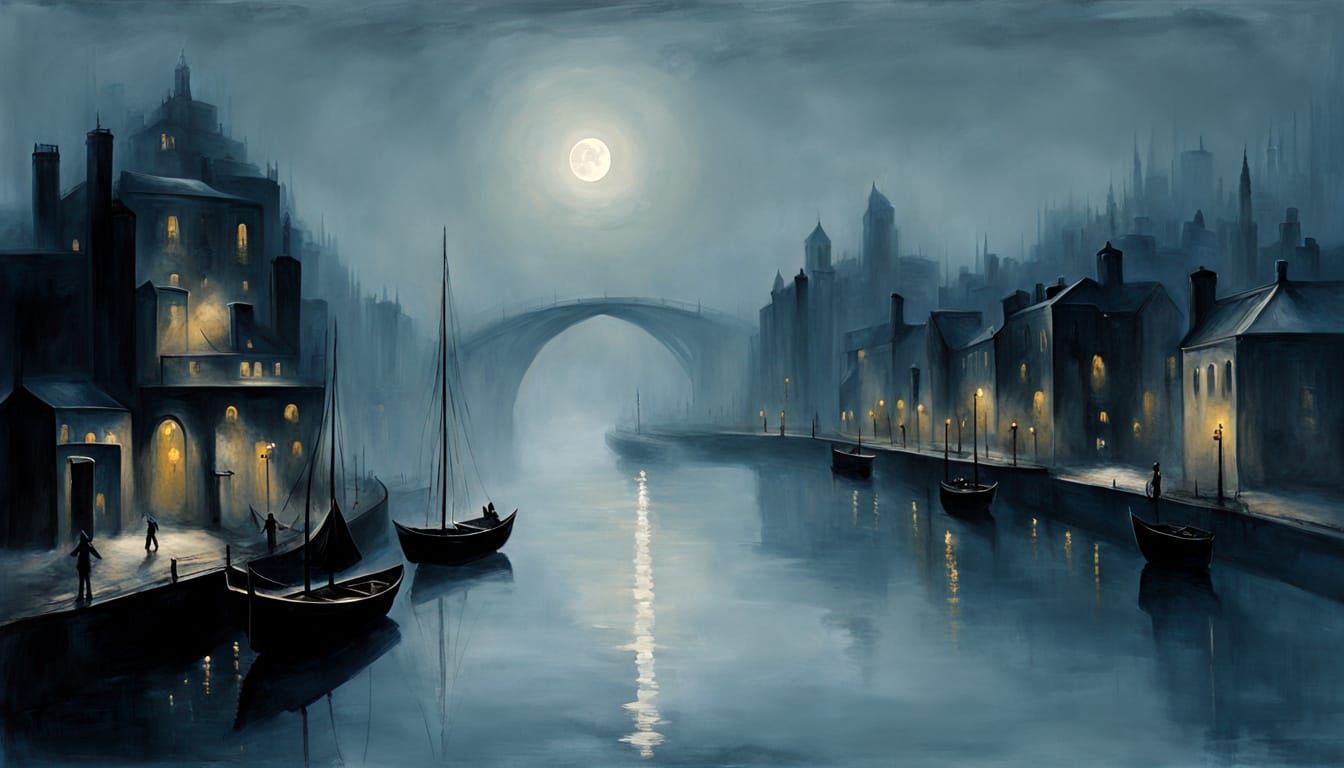 Mysterious, moonlit nocturne of a misty cityscape, rich in dark blues and greys, inspired by Whistler's ...  by @5Foot3 Marie