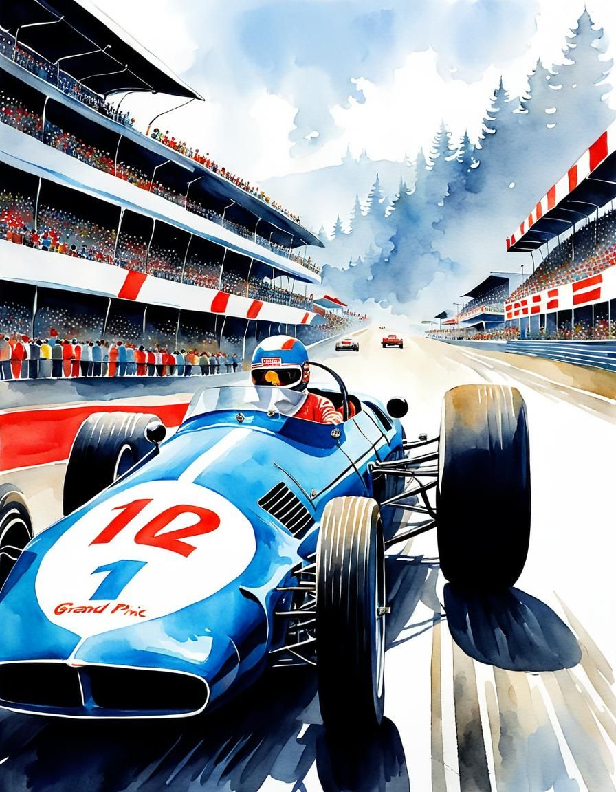 Retro Grand Prix illustration, watercolor,