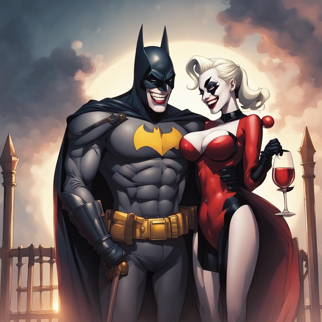 Batman & Harley Quinn laughing and having a glass of wine wh...