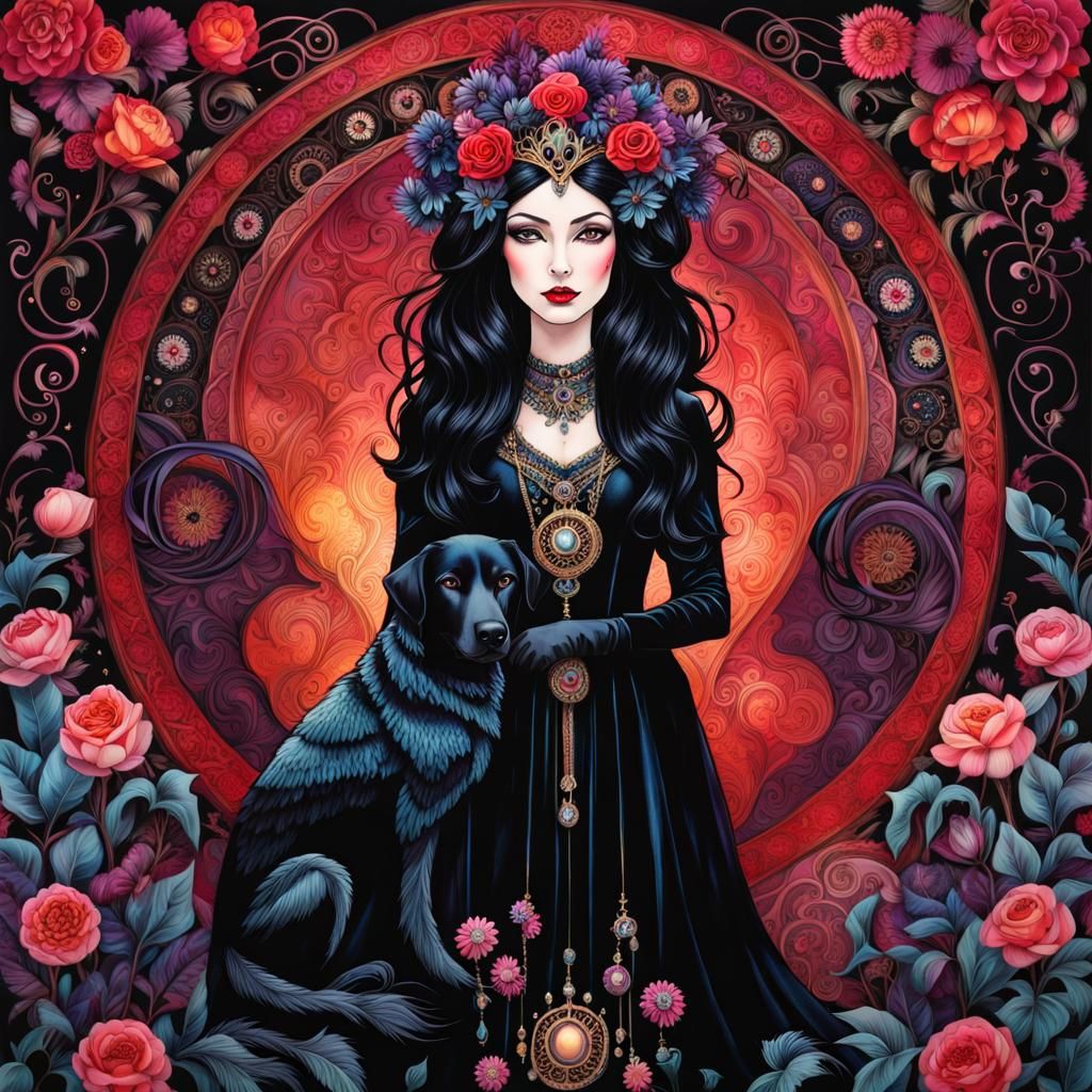 Intricately detailed alcohol ink,   raven-haired, pale-skinn...