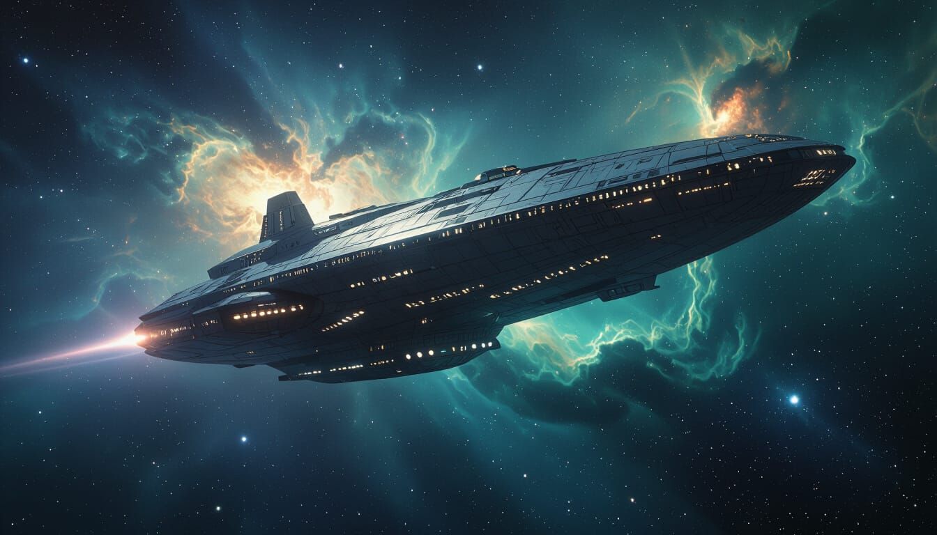 a colossal spaceship drifting through the vast cosmic space