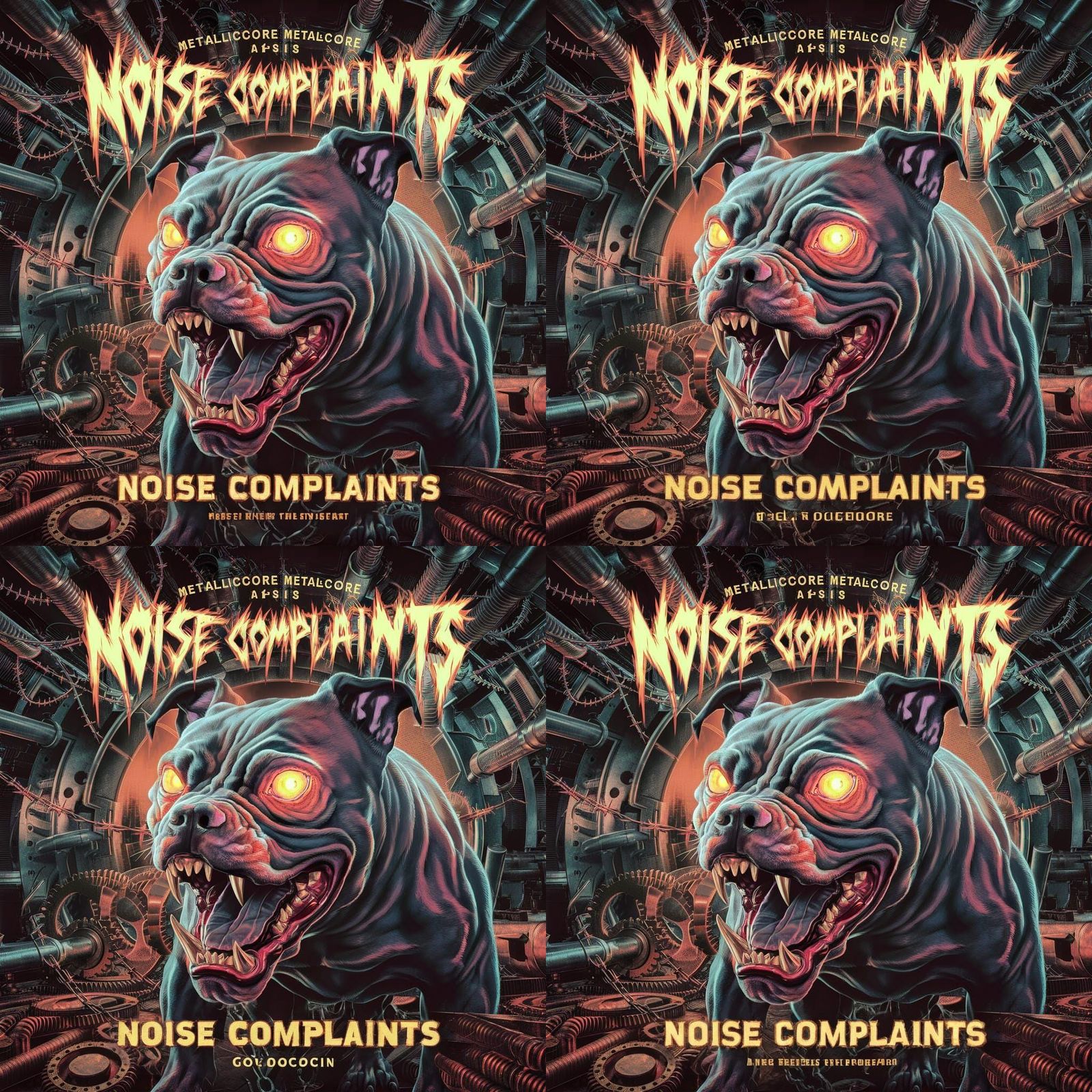 metalcore album cover with the title 'Noise Complaints', featuring steampunk metalcore theme with shiny metal theme,  ba...