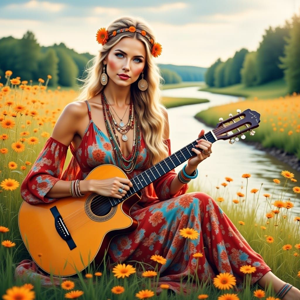<lora:Hippie Flux:1.0>  full-length portrait, beautiful woman in hippie style, floral dress, loose, long blonde hair, necklaces, bracelets,...