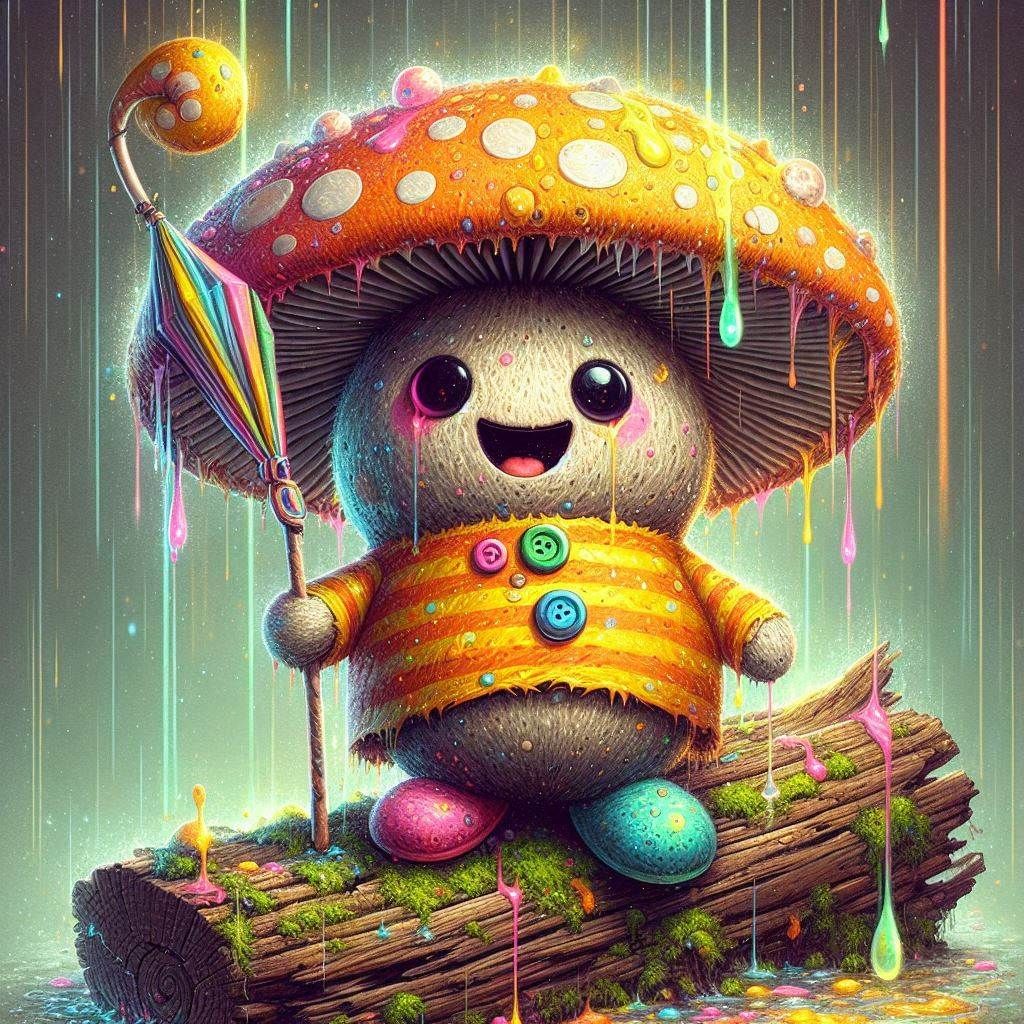 Fluffy mushroom spirit plush toy with bright orange and yellow striped shirt, mismatched buttons for eyes and a cheerful grin, leaning on a ...