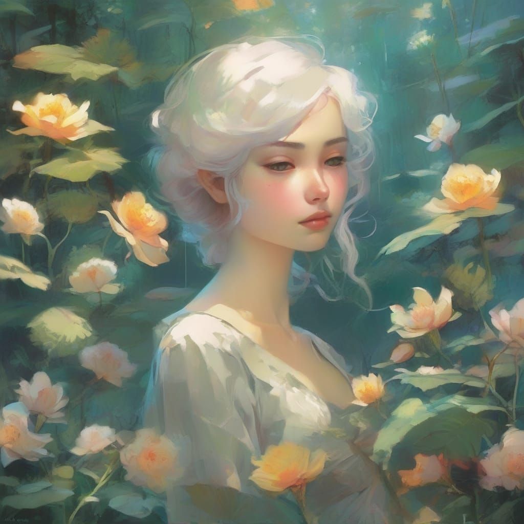 Whimsical Garden Scene in Dreamy, Stylized Aesthetic