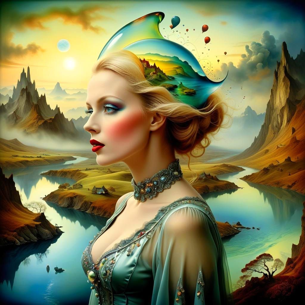 Surreal Landscape with Woman and Fantastic Animals