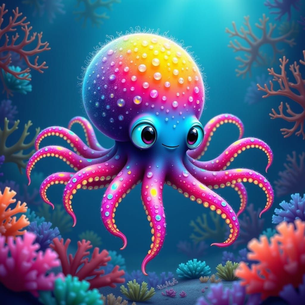 Vibrant 3D anime art. Close up. Adorable spider octopus in a colorful ocean. Splash art. Soft, rainbow-colored, fluffy, furry texture. Glowi...