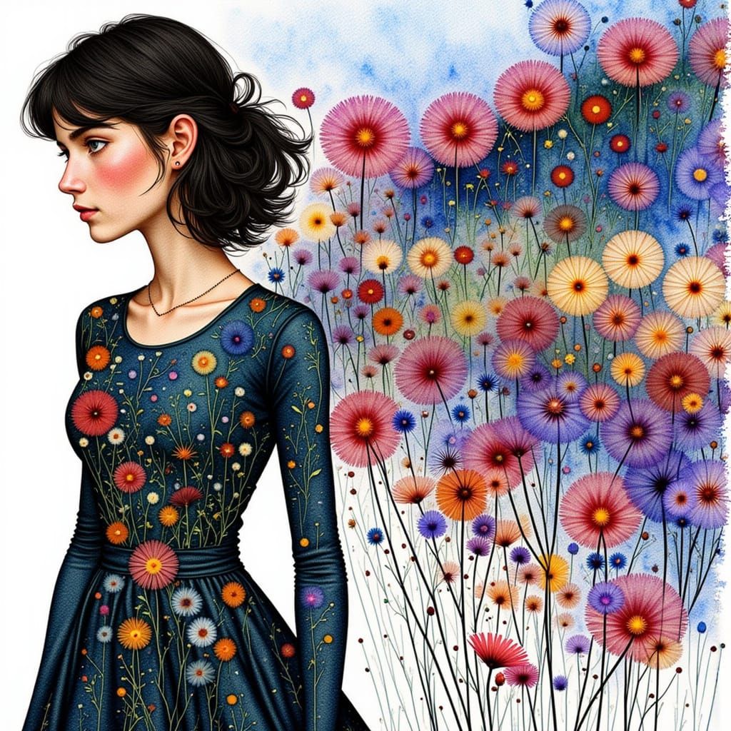 <lora:Watercolor:1.0>  profile portrait in a field of flowers
