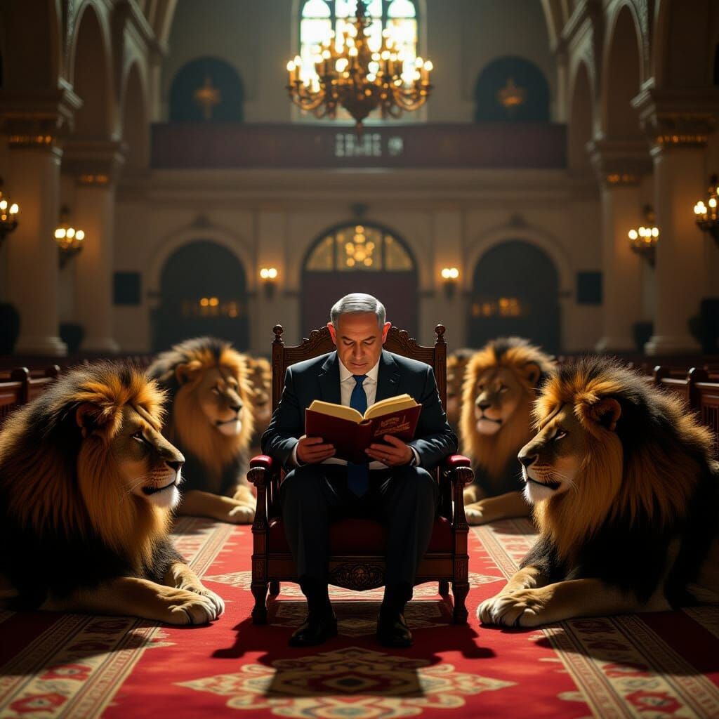 Netanyahu Studies Torah with Lions, Cinematic Film Still