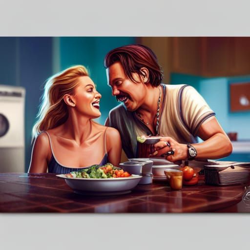 Johnny Depp and Amber Heard laughing eating salad