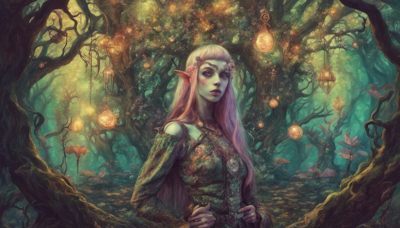 a psychedelic elf selfie in an old fantasy forest, gothic fa...