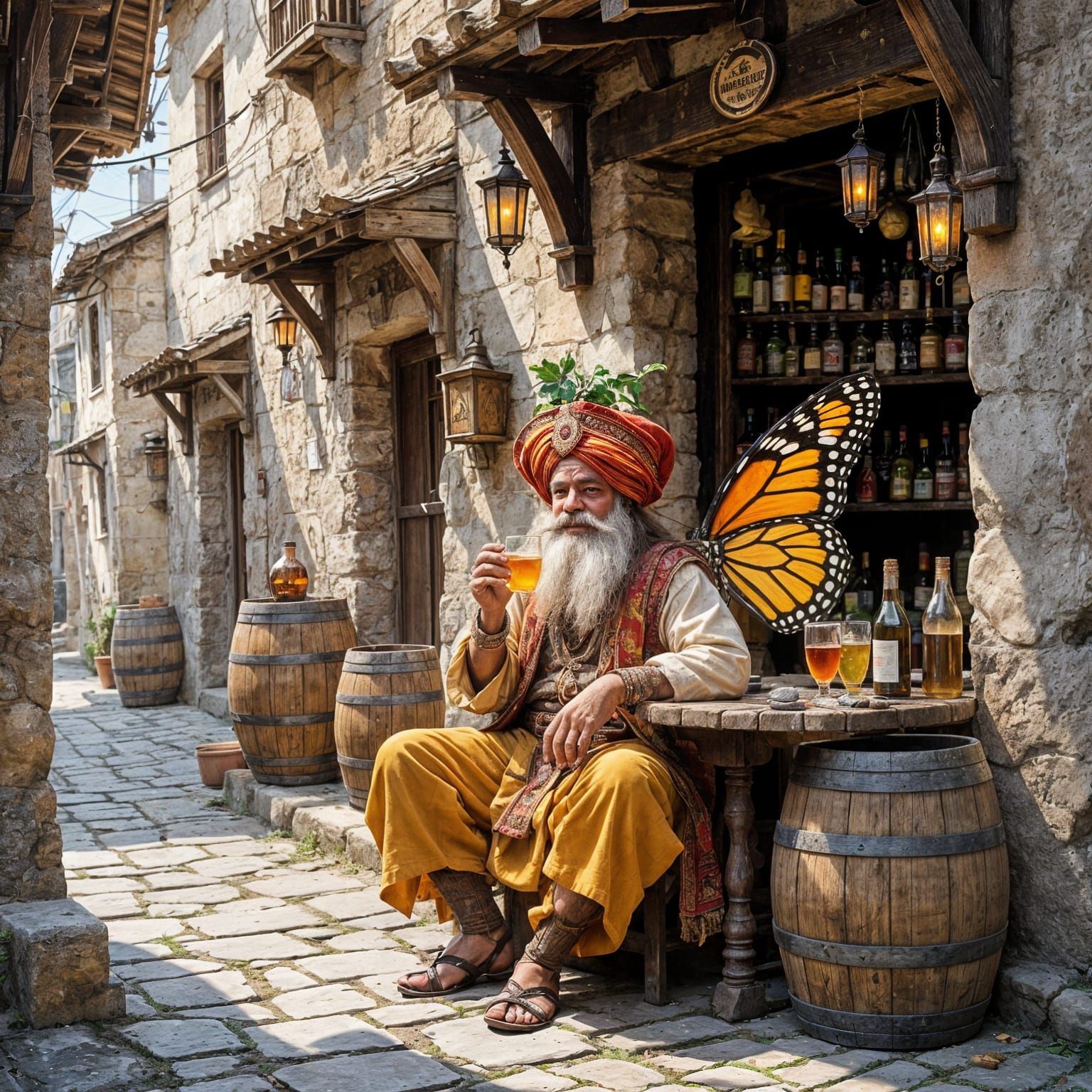 An old Indian is drinking in front of a tavern.