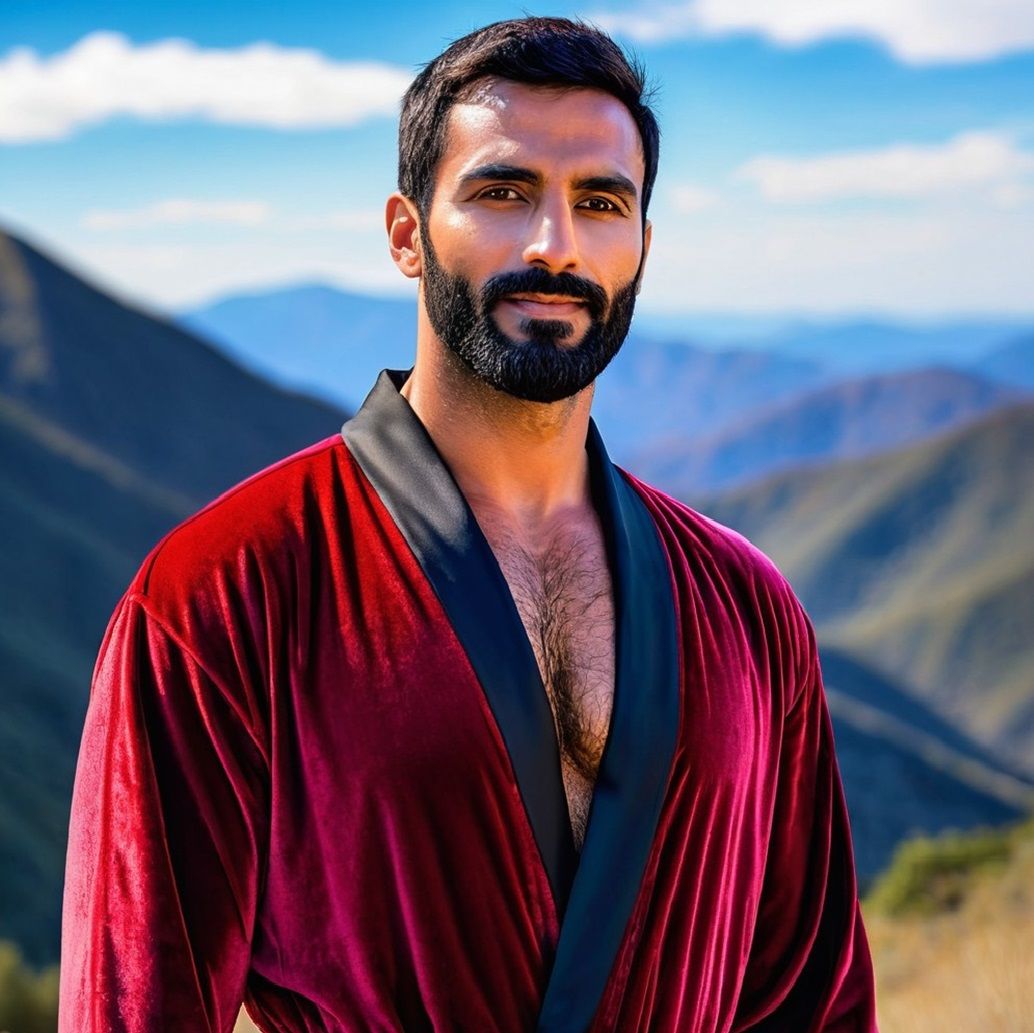 A handsome bearded man wearing a red velours bathrobe