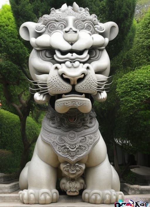 a Chinese stone lion statue in front of a temple  by @Natalie