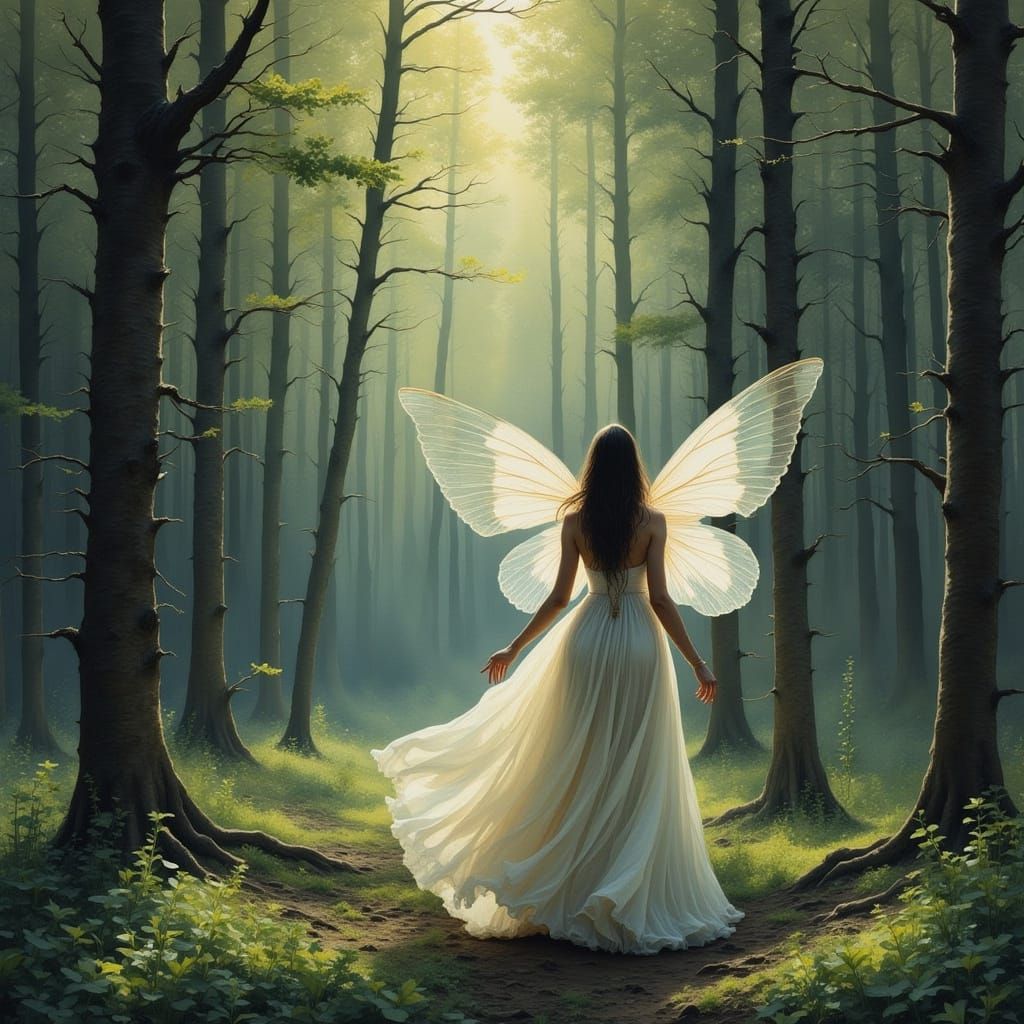 Enigmatic Woman with Fairy Wings in a Whimsical Forest Scene