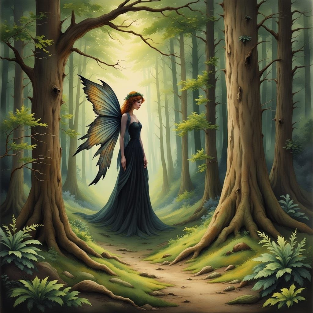Mystical Woman with Fairy Wings in a Verdant Glade